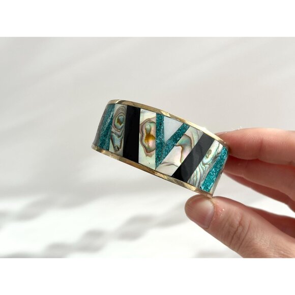Abalone & Turquoise Hecho De Mexico Gold T Alpaca Silver Vintage Cuff Bracelet - Picture 8 of 16